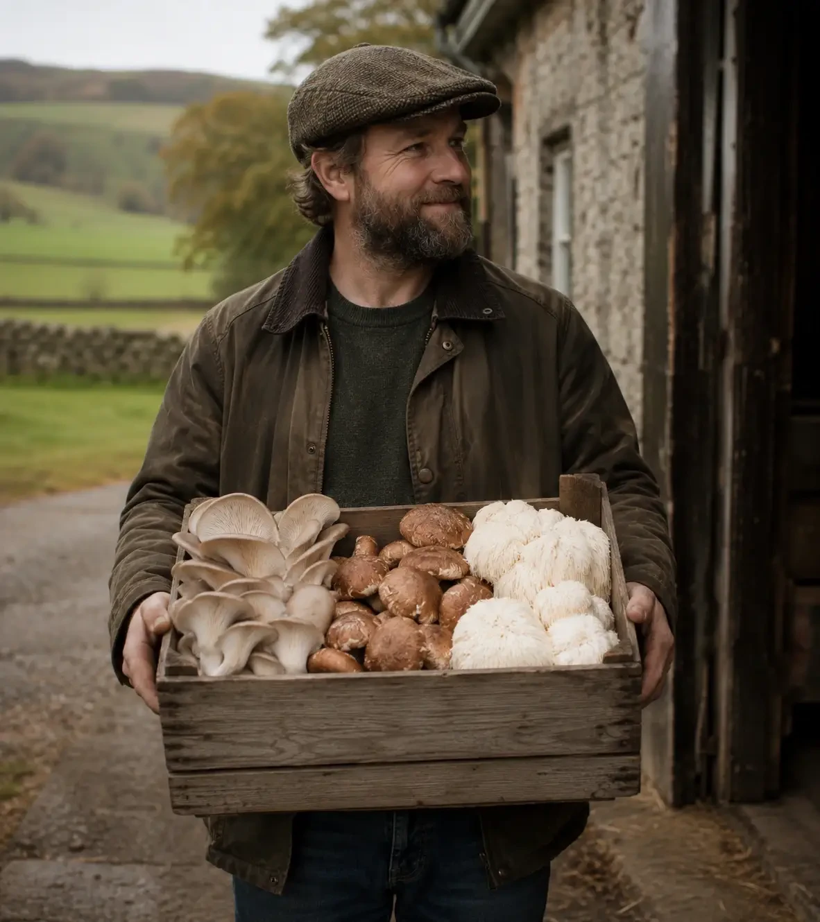 A man holding a wooden crate of assorted mushrooms outdoors