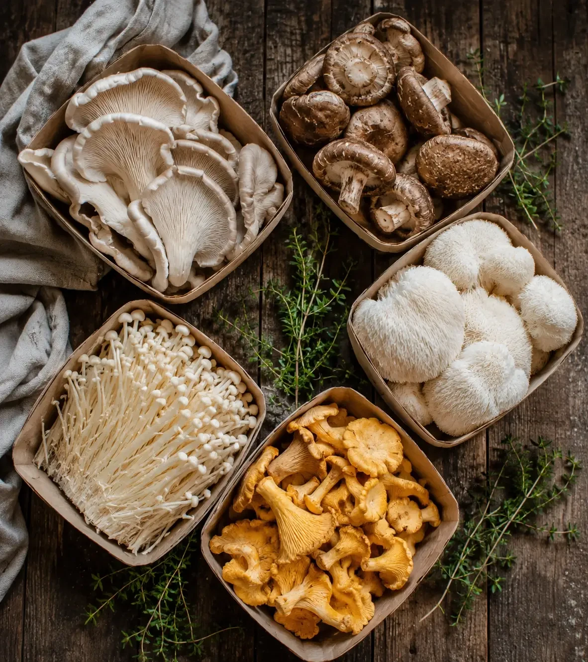 Punnets containing several different types of mushrooms