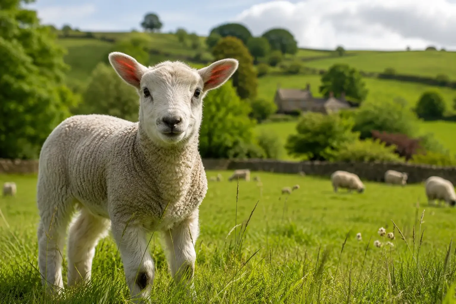 Lamb standing on grass with sheep in the field behind
