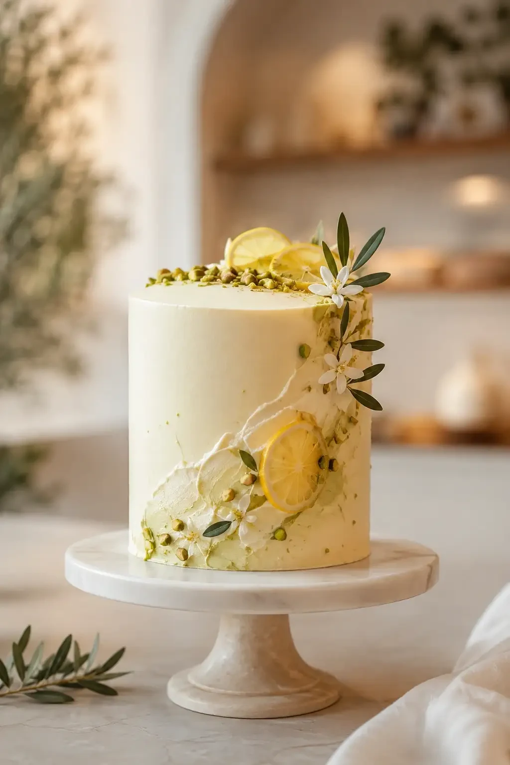 A tall pale cake decorated with lemon slices and leaves