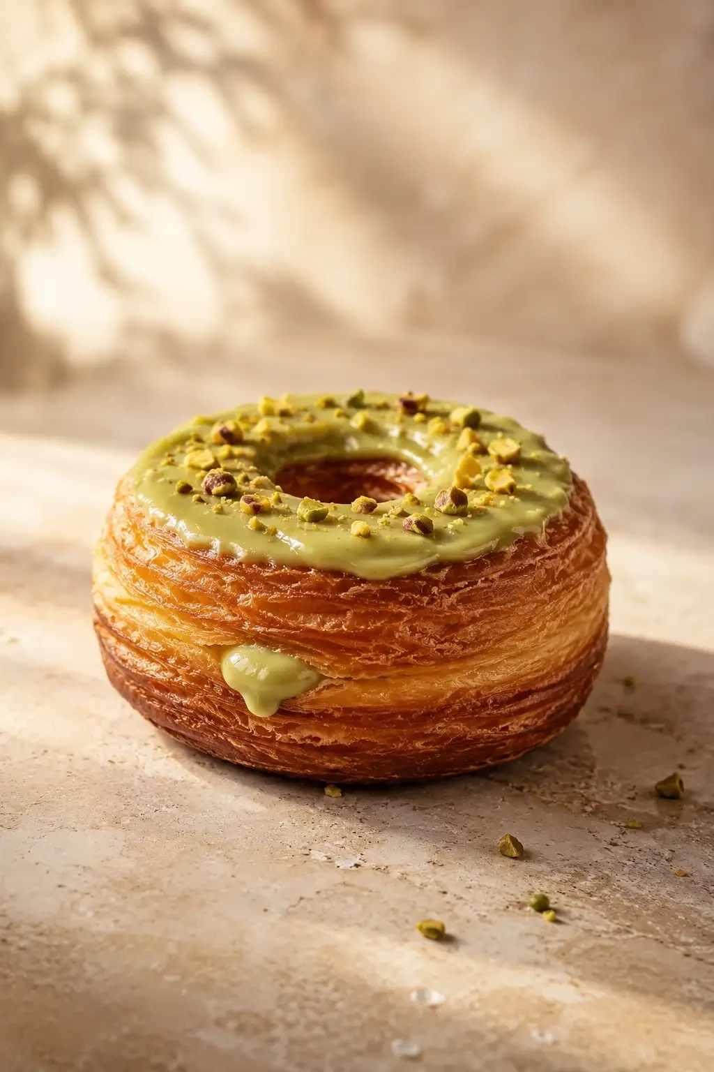 A round layered pastry topped with green icing and chopped nuts