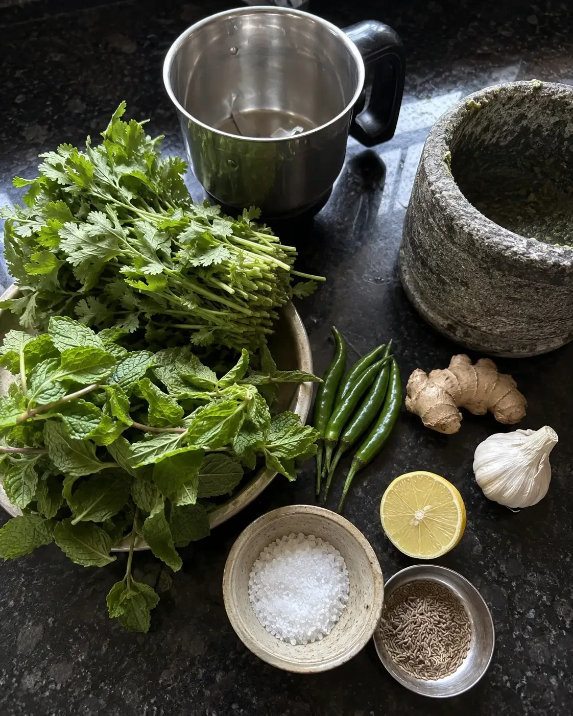 Green herbs, chillies, garlic, ginger and lemon beside a mortar