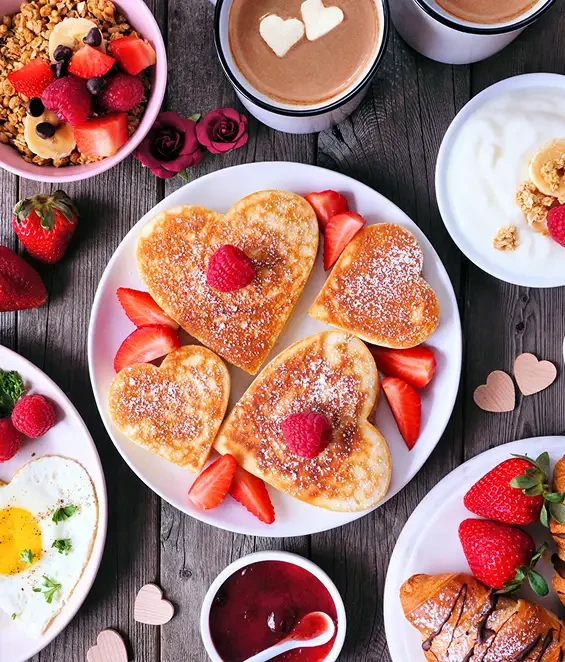 Heart-shaped pancakes with berries on a breakfast table