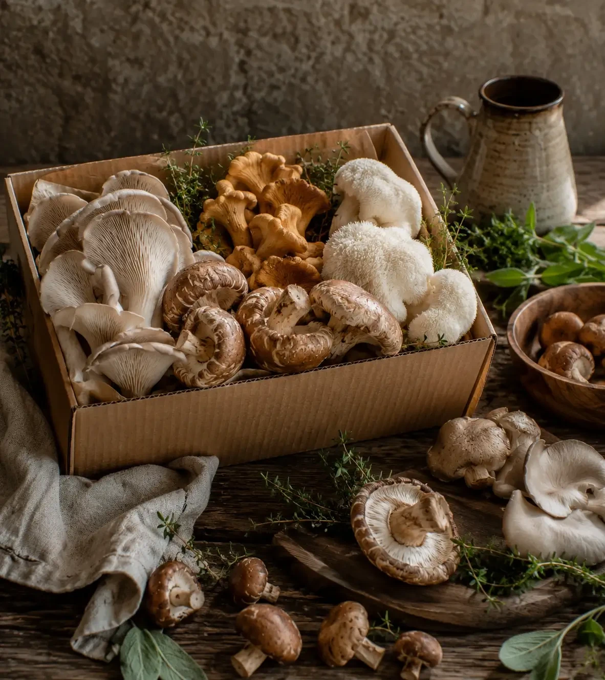 A box of mixed mushrooms surrounded by fresh mushrooms and herbs