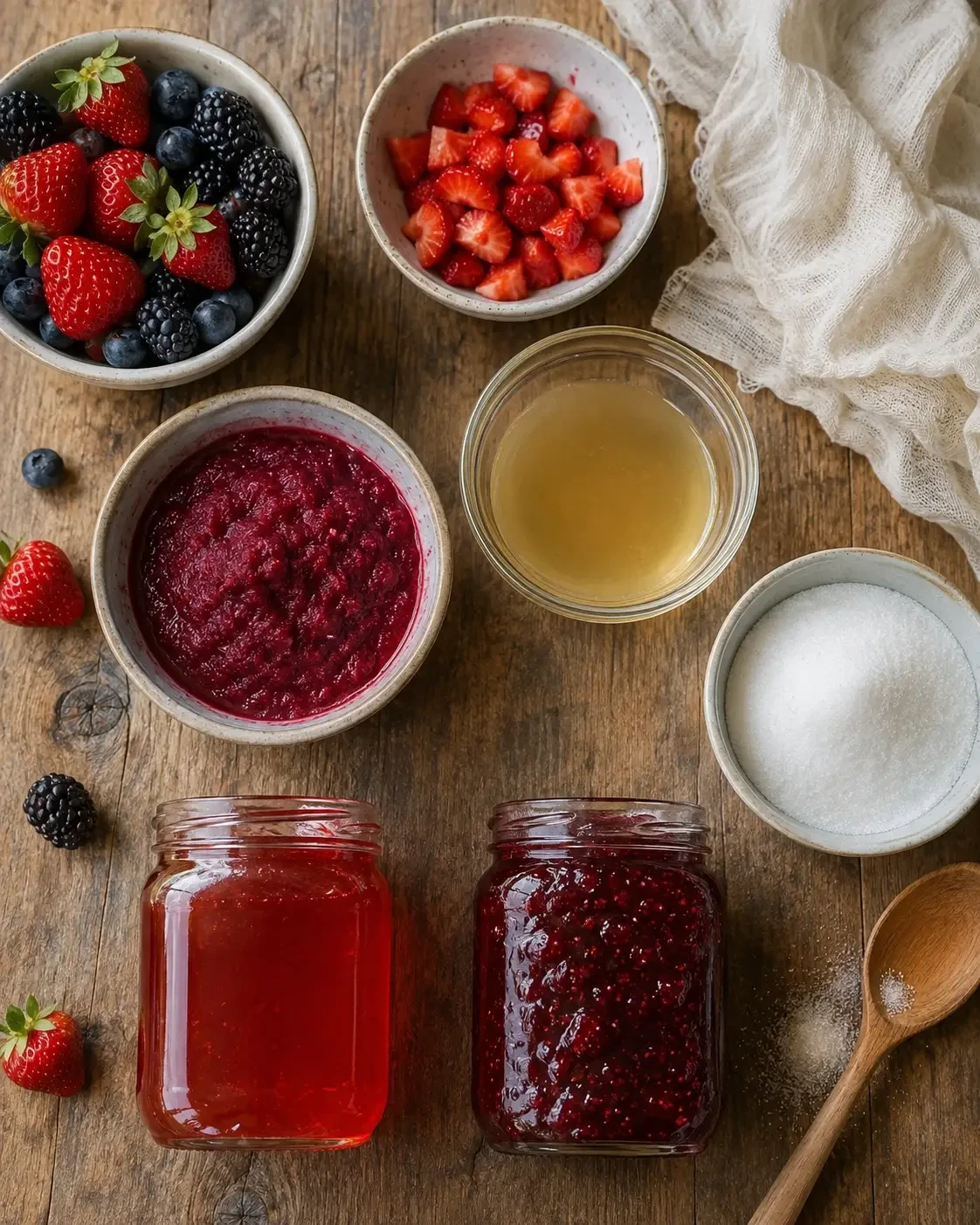 Berry jam ingredients arranged beside jars of finished preserves