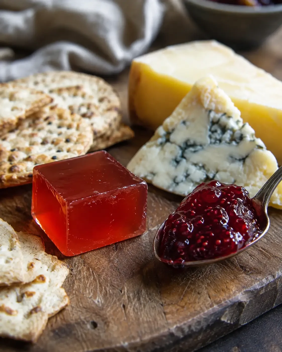 Clear red jelly and berry jam served with cheese and crackers