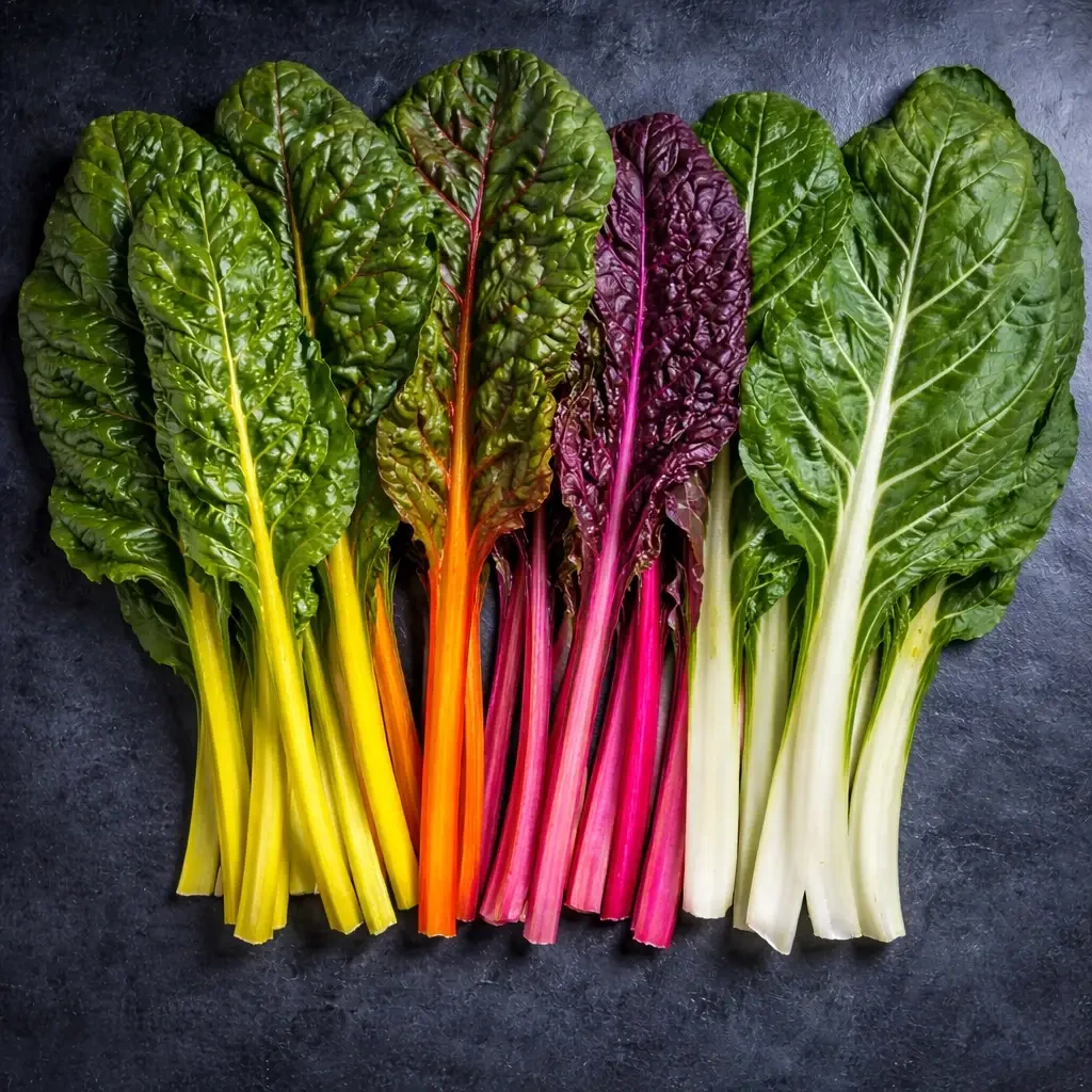 Chard leaves with yellow, red, pink and white stems