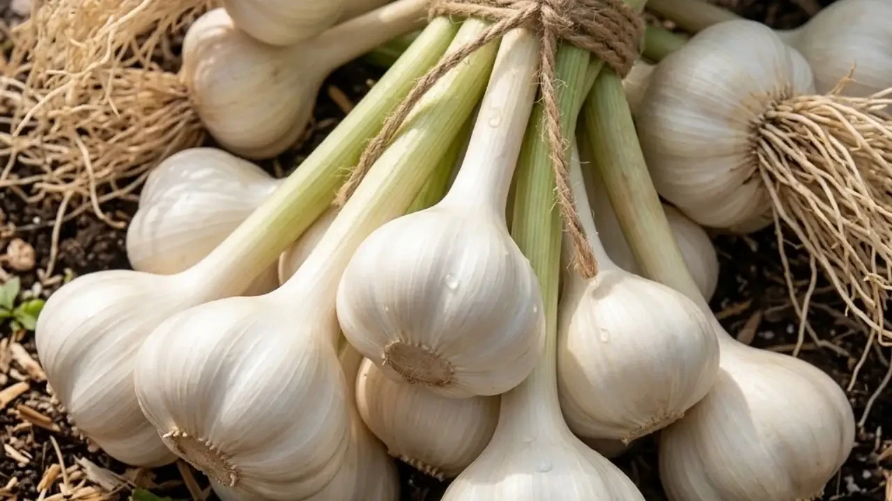 Fresh garlic bulbs with long stems and roots