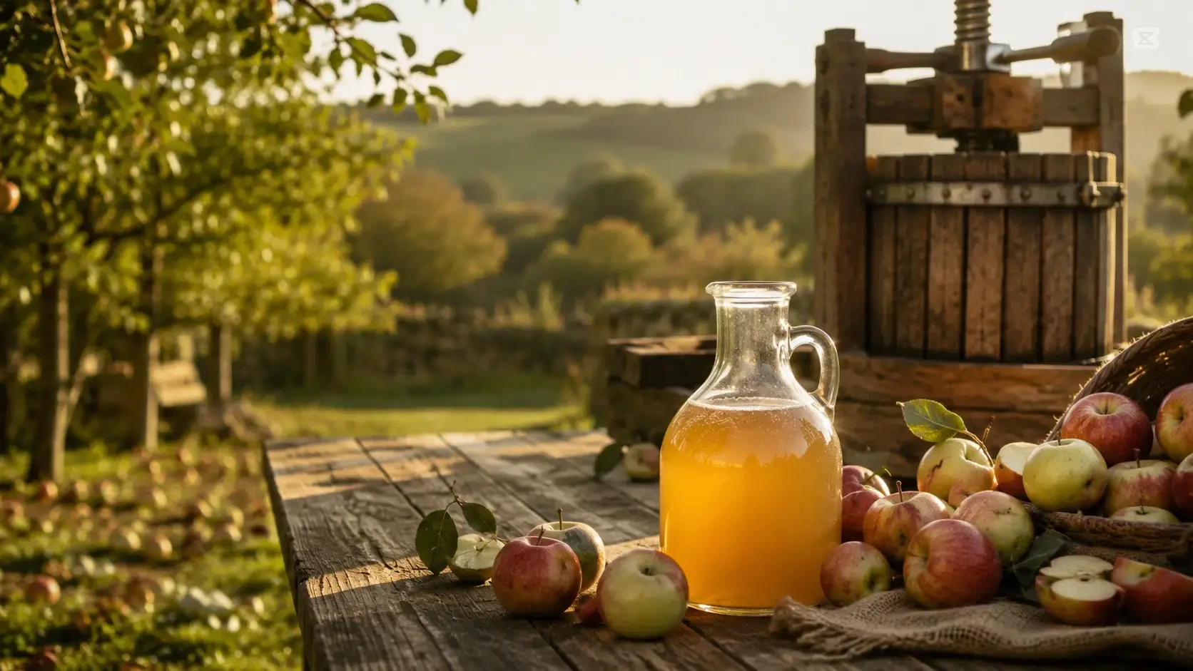 A jug of apple juice beside apples and a wooden fruit press