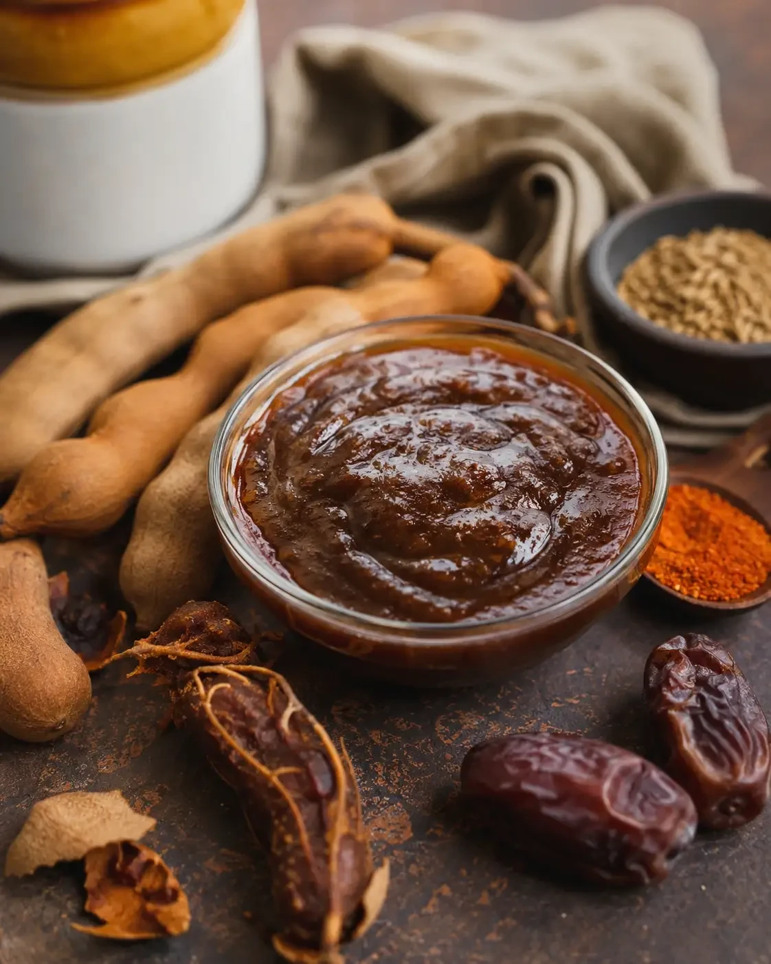 Dark chutney in a glass bowl beside tamarind and dried fruit