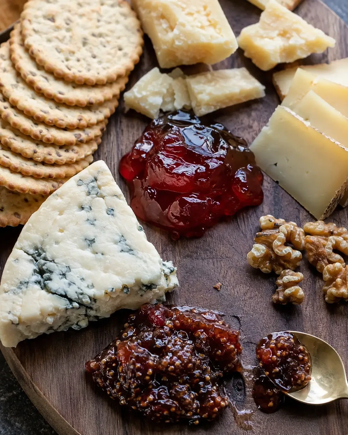 Cheeses and crackers served with red jelly and dark chutney