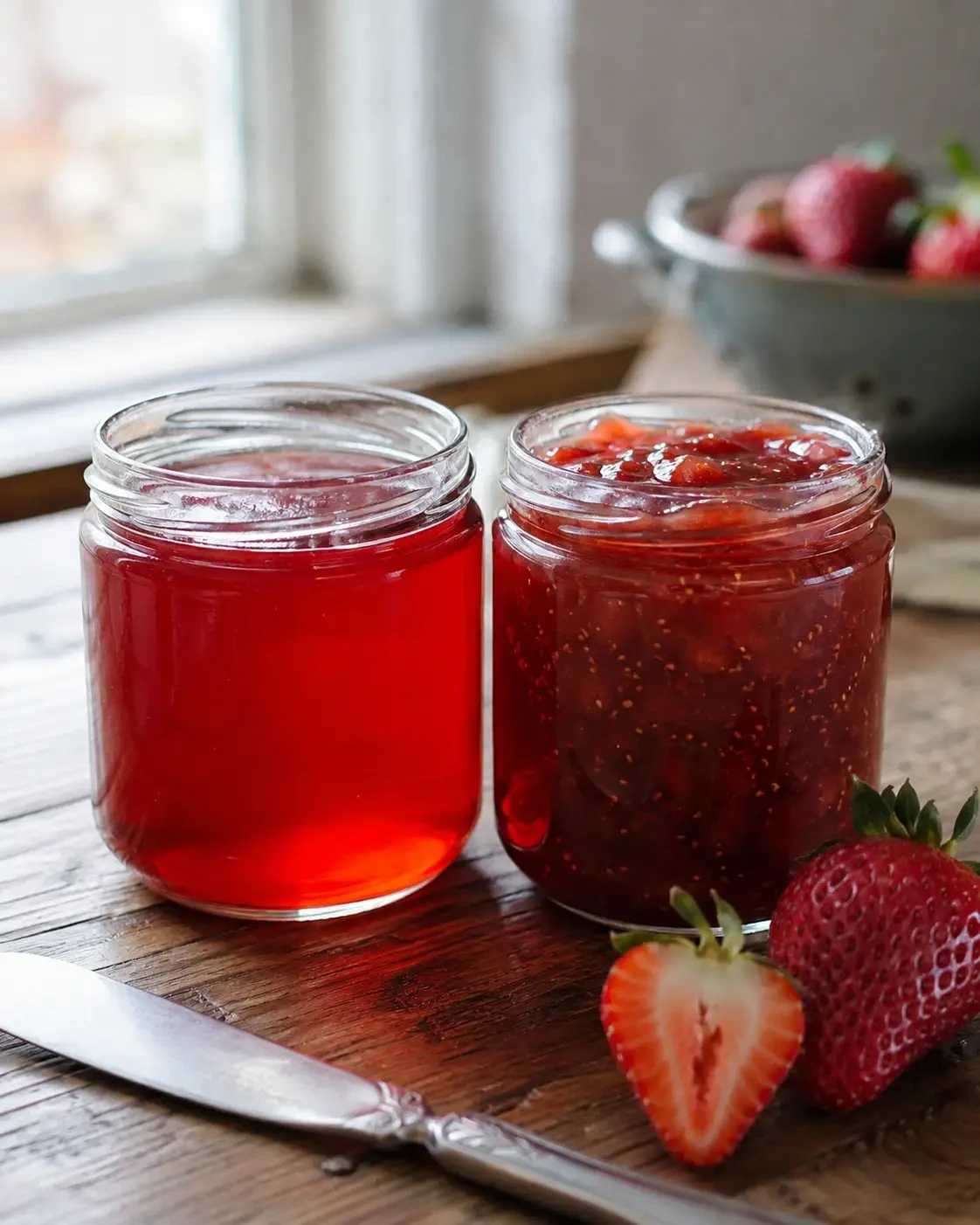 Jars of clear red jelly and chunky berry jam beside strawberries