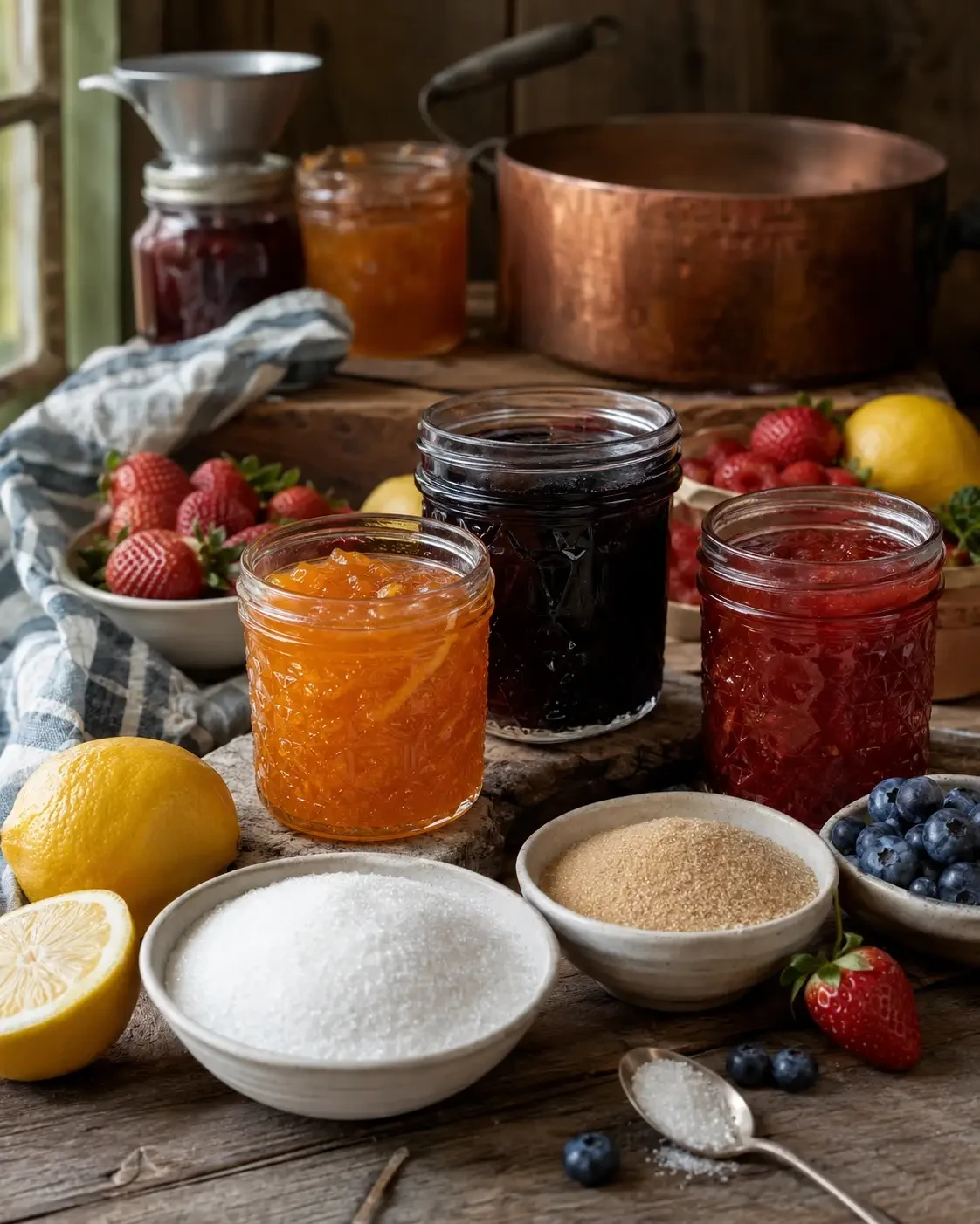 Jars of preserves beside sugar, citrus fruit and berries