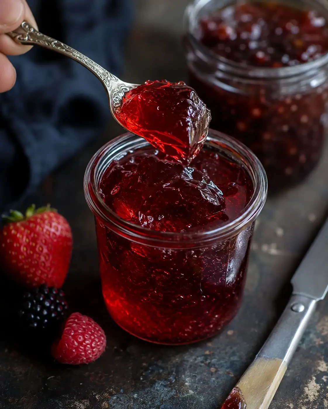 Spoon lifting red berry jam from a glass jar