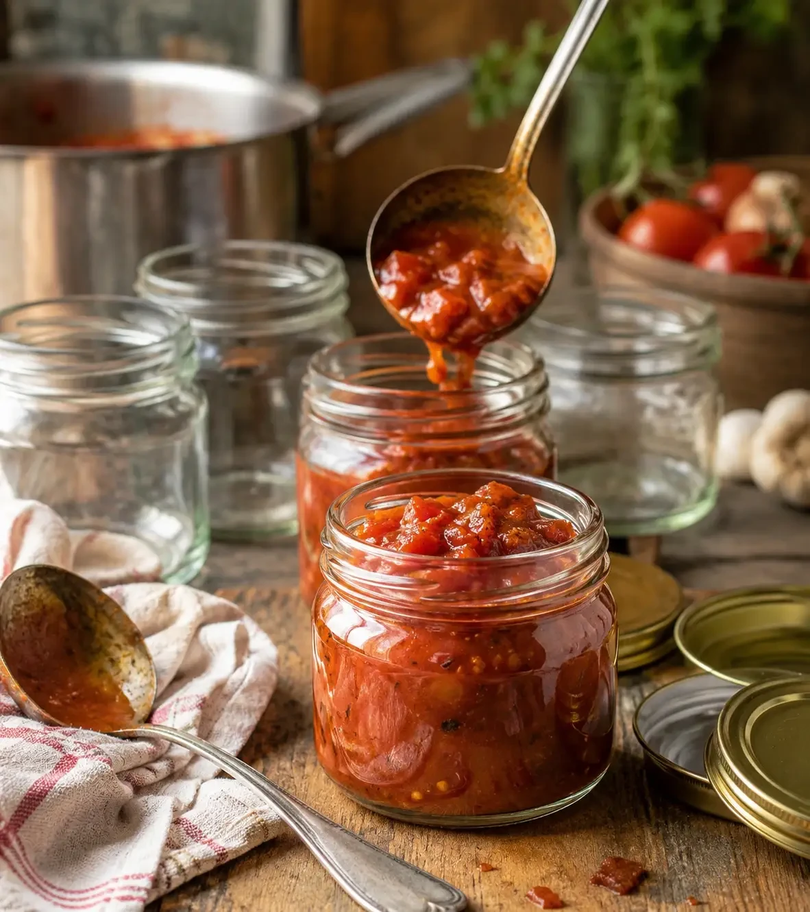 A ladle pouring tomato chutney into a glass jar