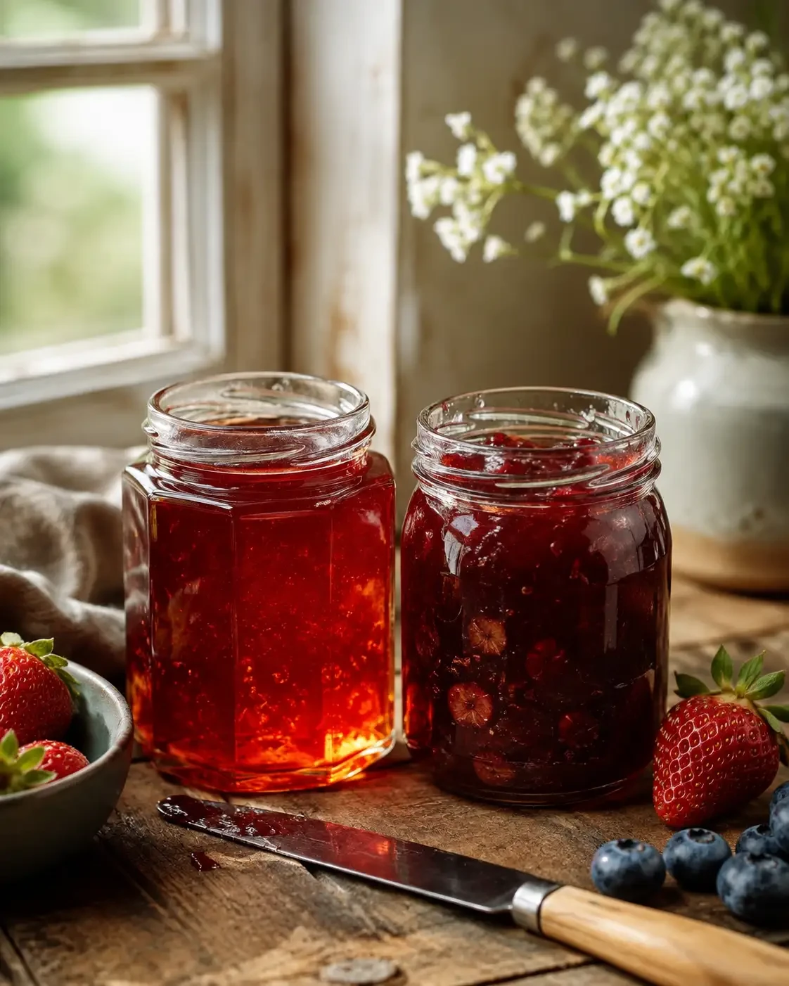 Two open jars of red jelly and berry preserve beside fresh fruit