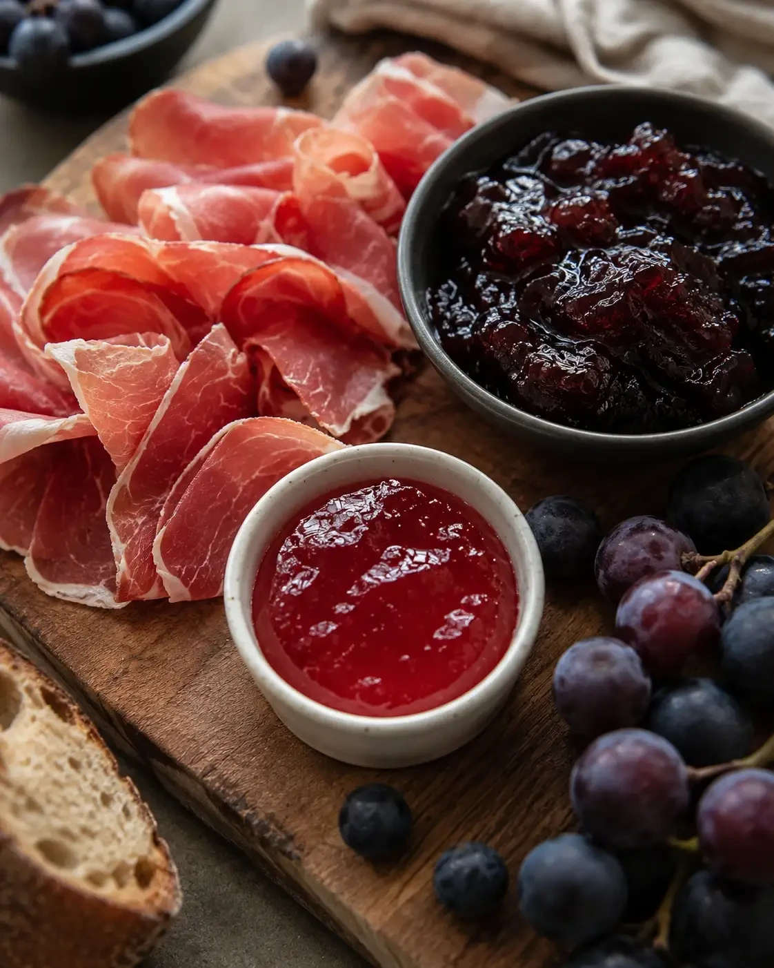 Fruit preserves served beside cured meat, bread and grapes