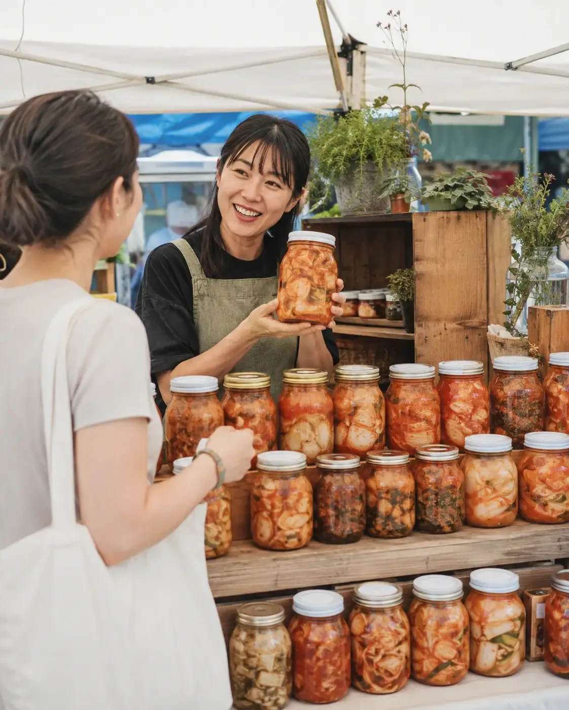 A market seller showing a jar of kimchi to a customer