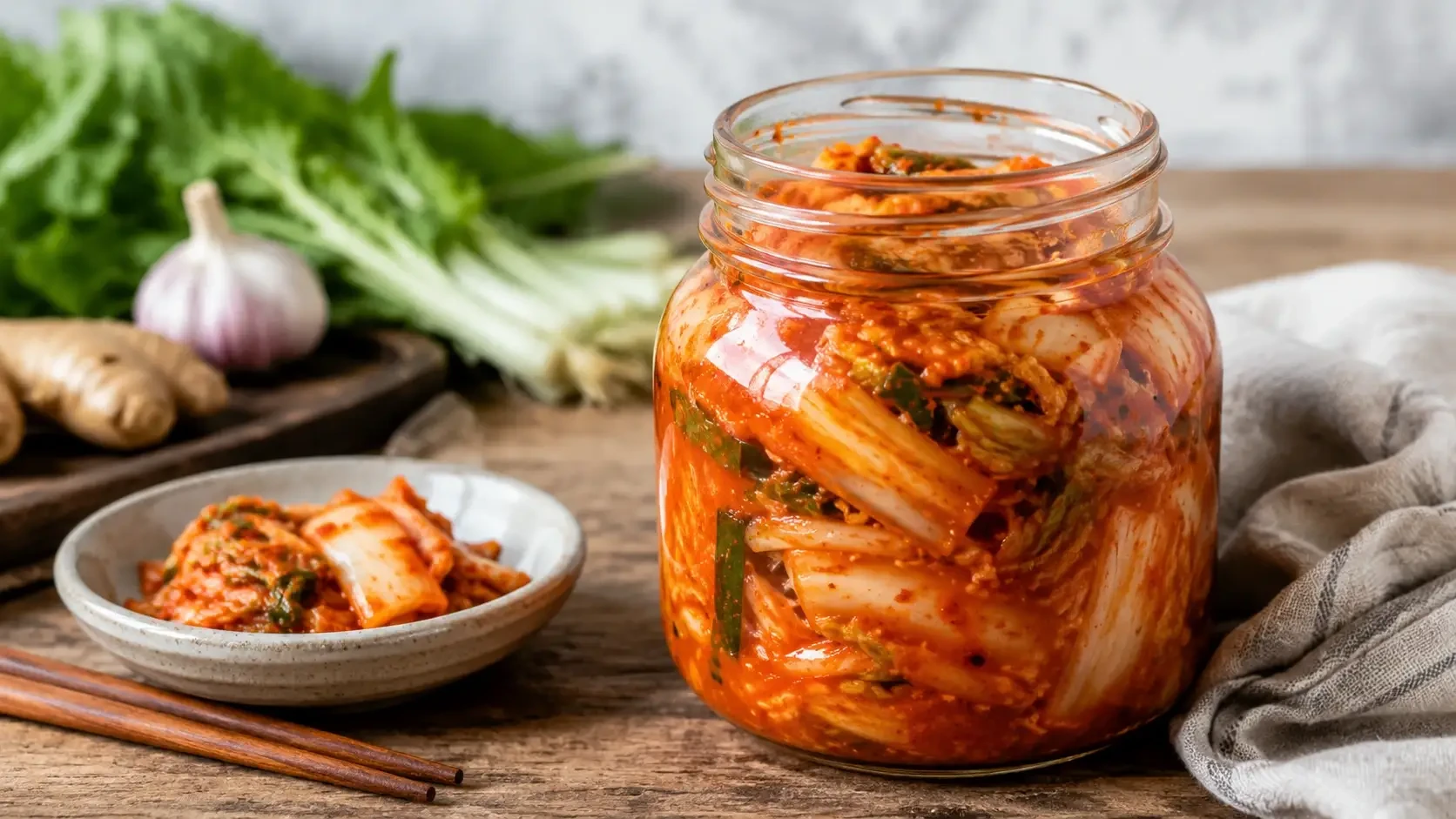 A jar of kimchi beside a small dish of seasoned cabbage