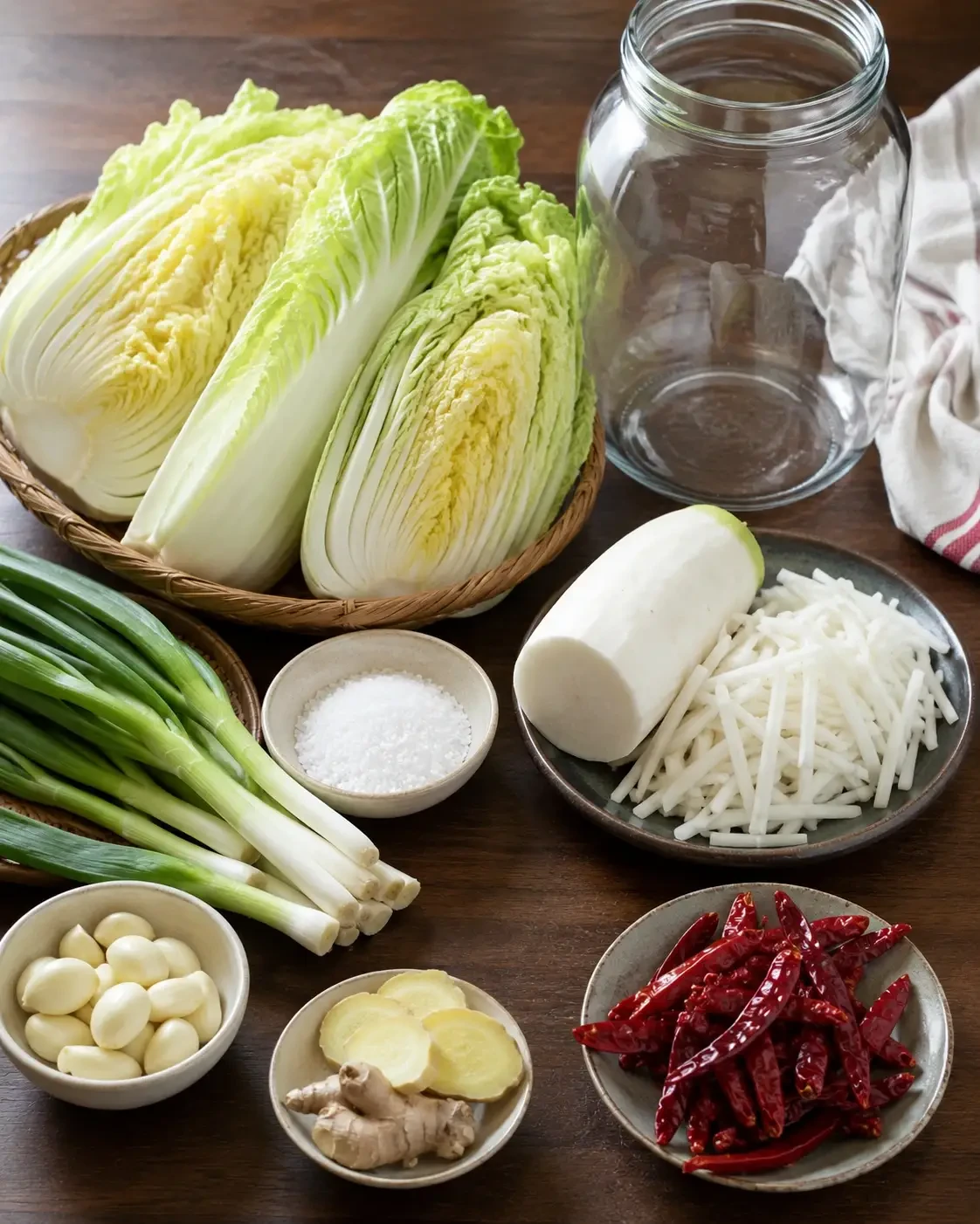Cabbage, spring onions, garlic, ginger and chillies ready for kimchi