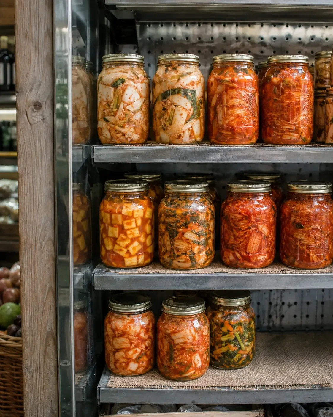 Shelves filled with jars of kimchi and other preserved vegetables