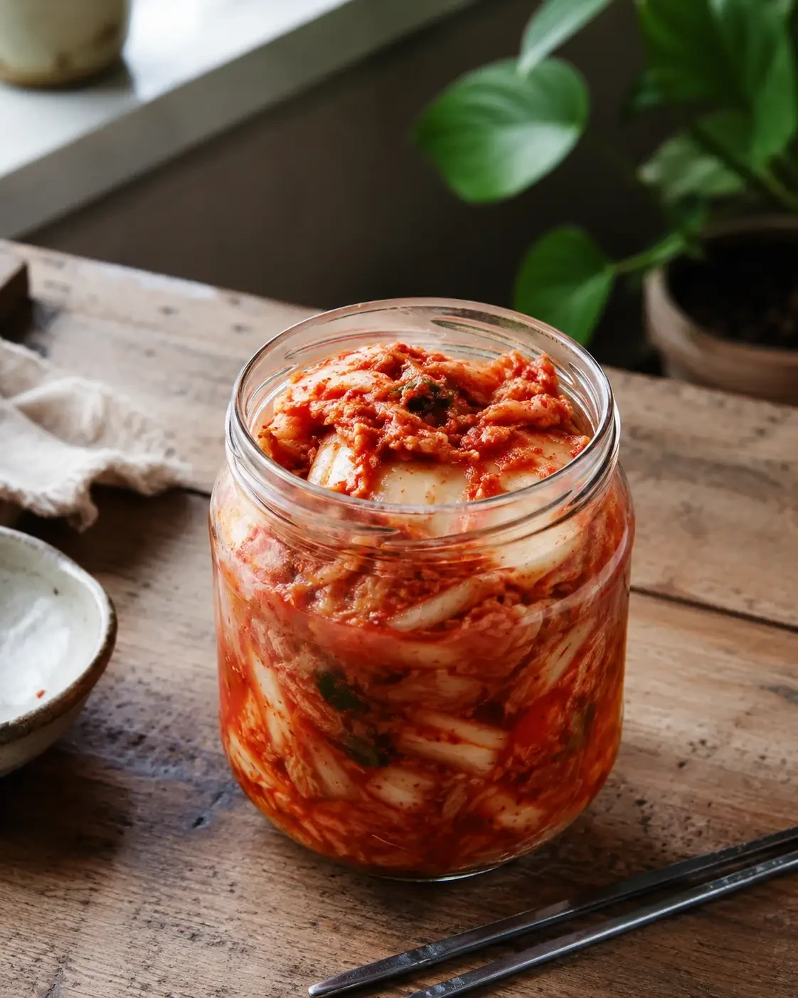 Jar filled with red kimchi on a kitchen table