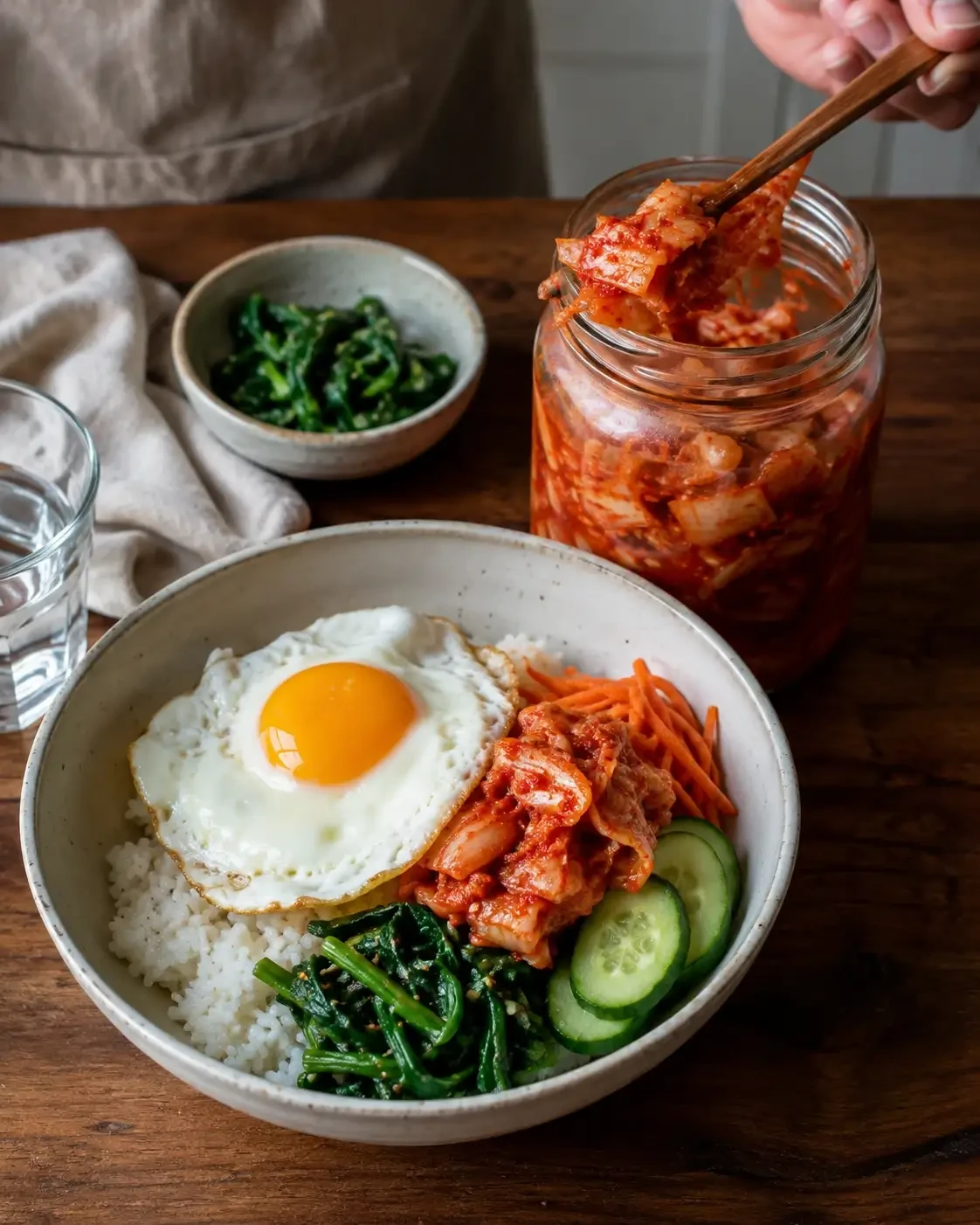 A bowl of rice with a fried egg, kimchi and green vegetables