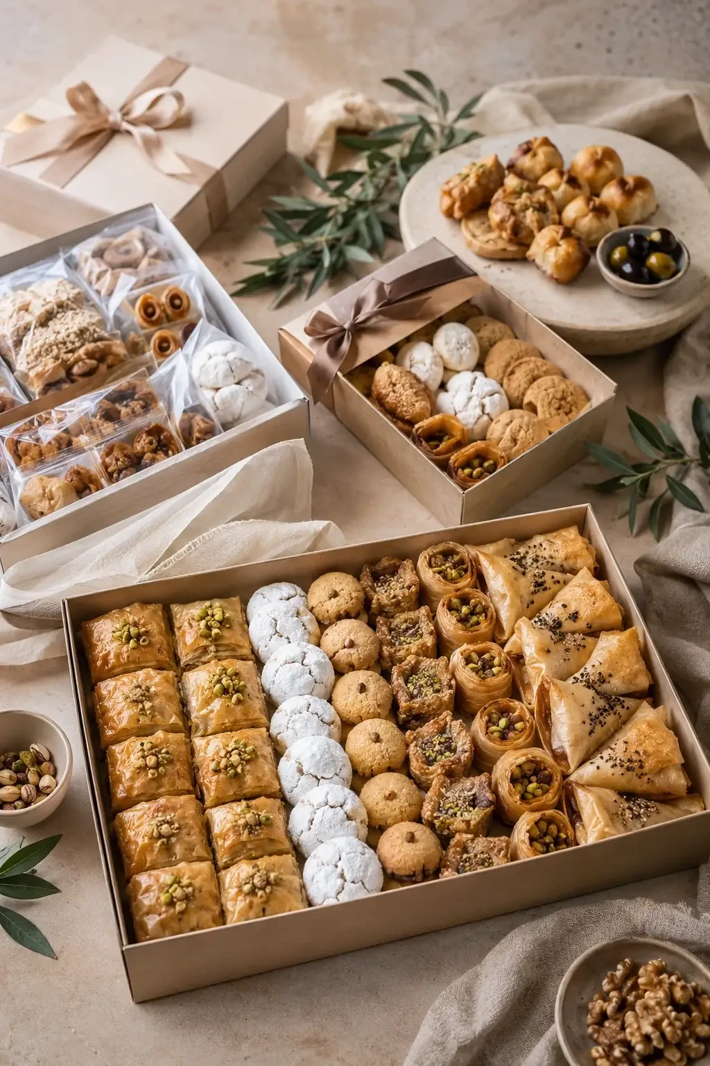 Boxes filled with assorted small pastries and biscuits