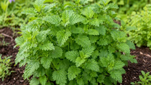 A clump of green lemon balm growing in garden soil