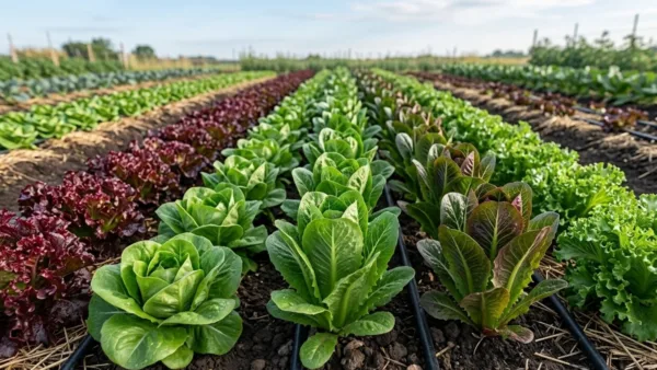 Rows of green upright and red and green frilly lettuces growing in soil