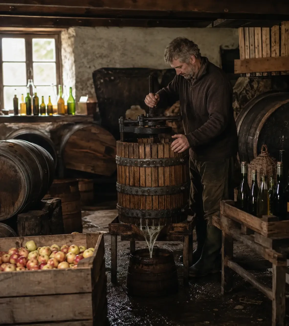 A man using a wooden apple press beside barrels and apple crates