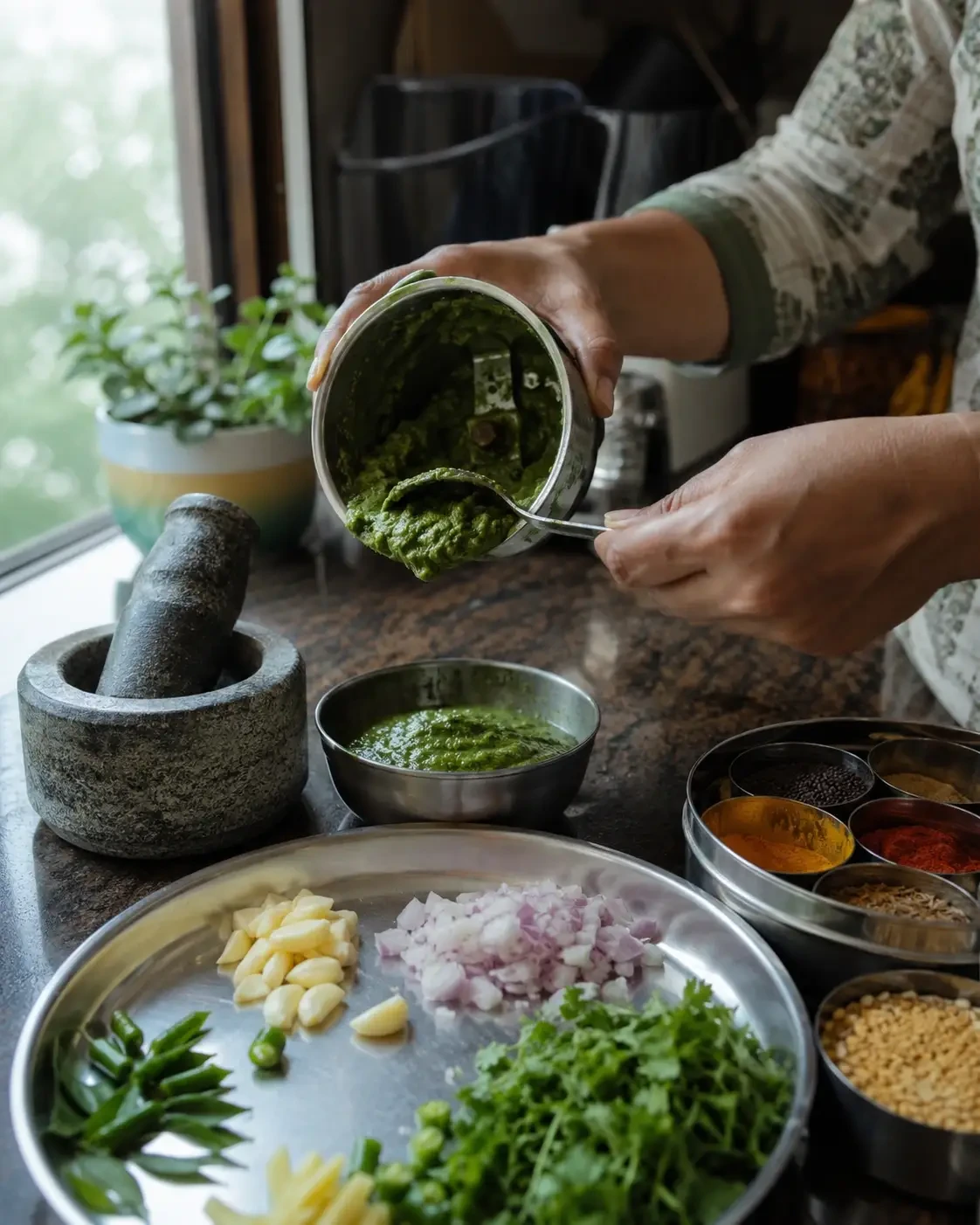 Hands pouring a green mixture beside a mortar and prepared ingredients