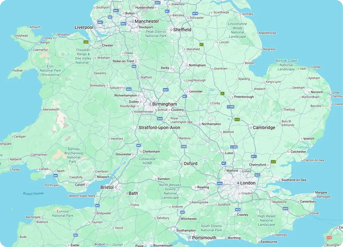 Map showing towns and roads across England and Wales