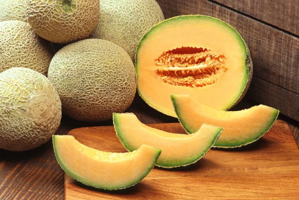 Netted dessert melon showing fruit and orange flesh