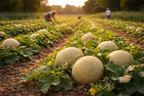 Netted melons among outdoor vines with people working in the background