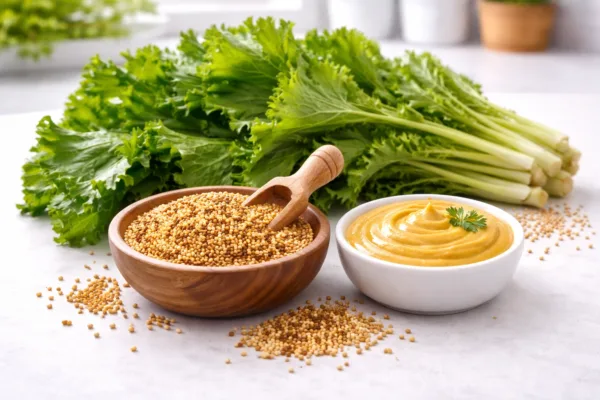 Mustard leaves beside a bowl of mustard seeds and prepared mustard