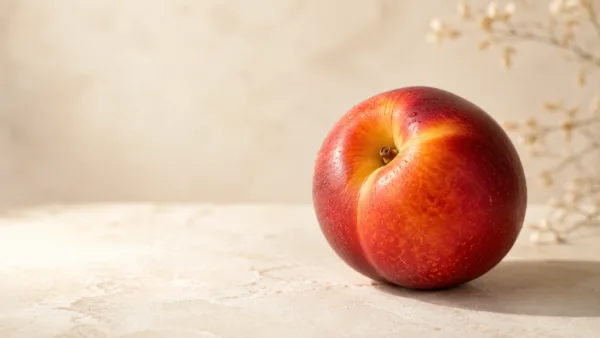 A single red-and-yellow nectarine resting on a pale tabletop