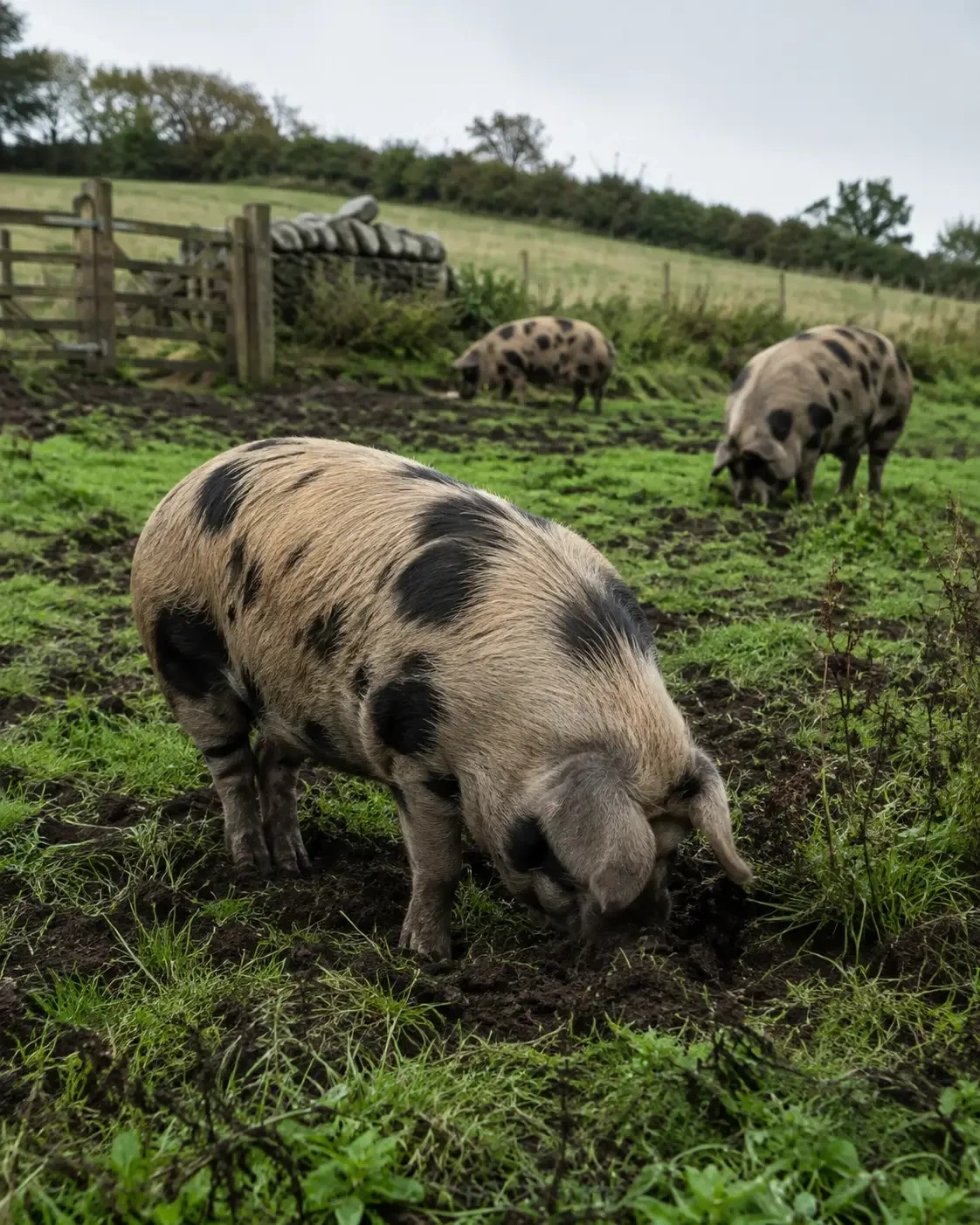 Spotted pigs rooting in a grassy paddock