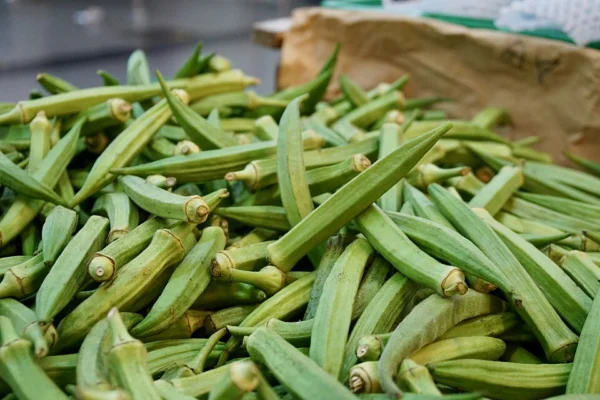 Fresh green okra pods piled in a woven market basket