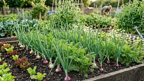 Bulb onions growing among other crops and flowers in a raised bed