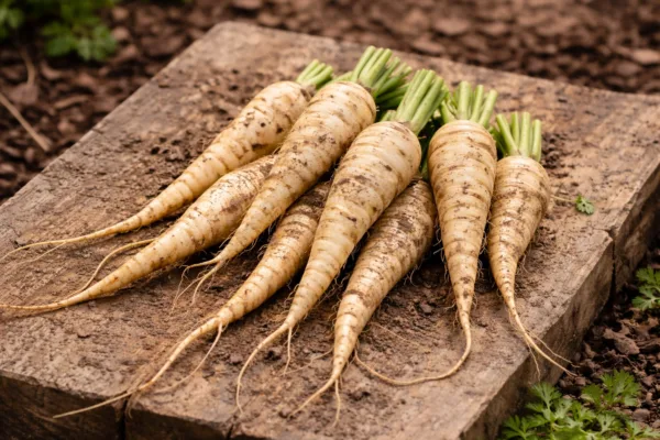 Harvested parsnip roots with short green tops resting on a wooden board