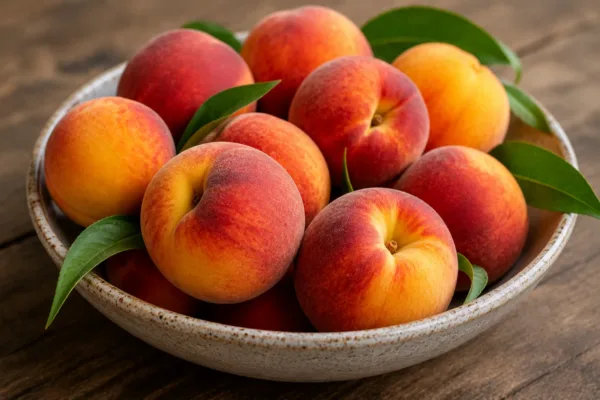 A bowl of red-and-yellow peaches on a wooden surface