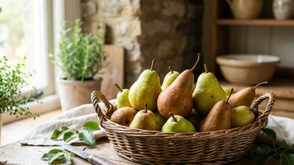Green and russeted pears arranged in a wicker basket on a kitchen table