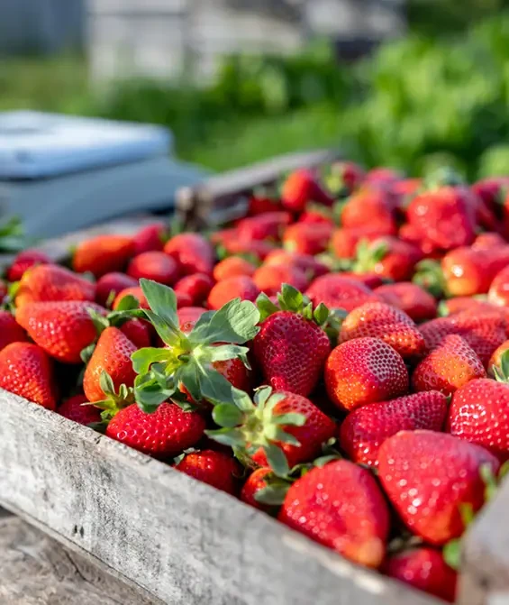Fresh strawberries piled in wooden produce trays