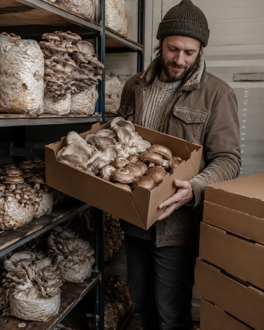 A man holding a box of mushrooms beside shelves of growing bags