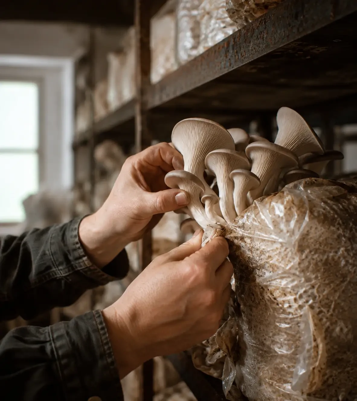 Hands harvesting mushrooms from a growing bag on a shelf