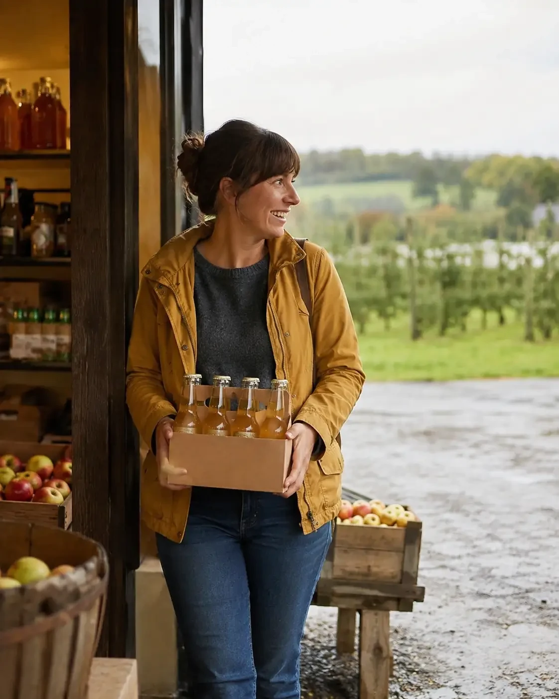 Woman carrying a crate of bottled drinks outside a farm shop