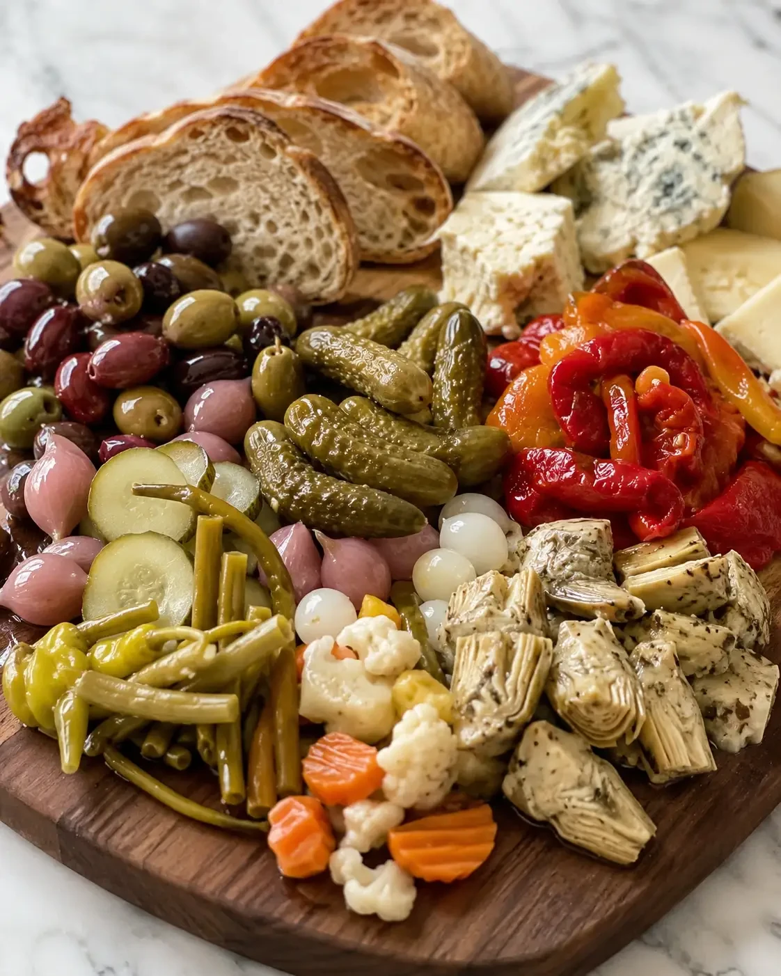 A board of mixed pickles with cheese and sliced bread