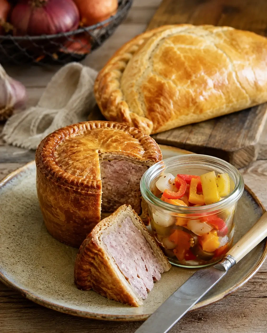 A sliced pork pie and a pasty served with a jar of mixed pickles