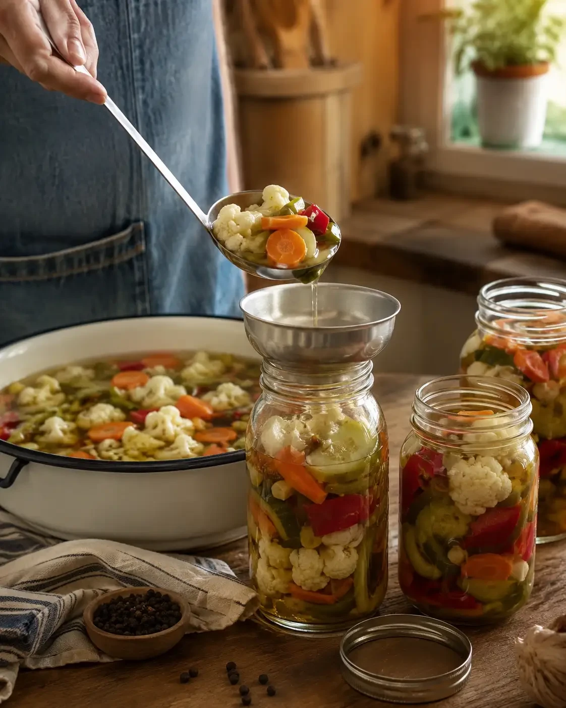 A person ladling mixed vegetables through a funnel into jars